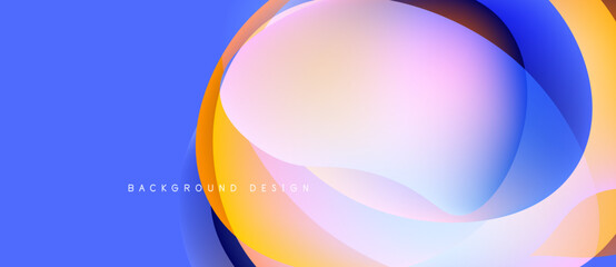 Abstract fluid shapes overlap, creating vibrant color gradients. Blue dominates left side, transitioning to orange, pink, white. Modern design element.