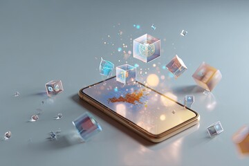 Futuristic smartphone with abstract data cubes emerging, showcasing technology's digital evolution