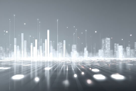 Abstract digital city with glowing lines and data visualizations on gray background - Powered by Adobe