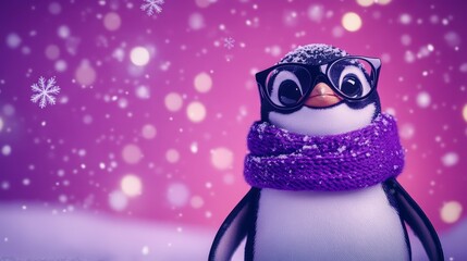 Penguin winter snow snowflakes glasses scarf cute adorable animal holiday season bokeh art