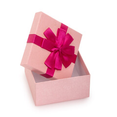 Beautiful opened pink gift box with ribbon