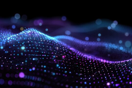 Abstract digital wave with glowing blue and purple particles on a dark black background - Powered by Adobe