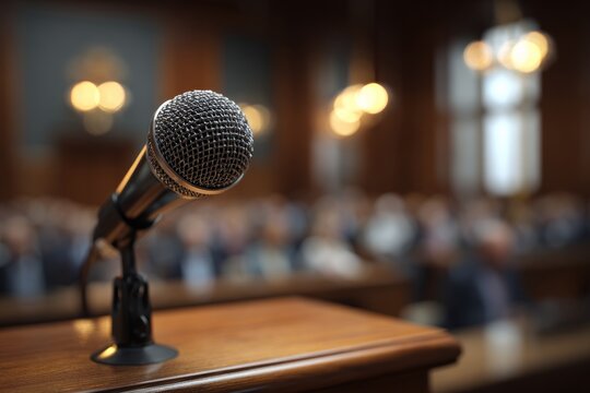Microphone at city hall meeting  or conference, on council podium, blurred audience background. Public talk. 