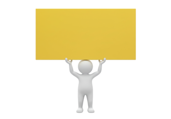 3D stick figure holding yellow sign isolated PNG, blank board for message or advertisement on transparent background