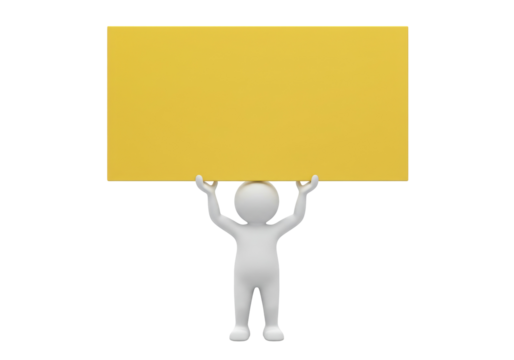 3D stick figure holding yellow sign isolated PNG, blank board for message or advertisement on transparent background - Powered by Adobe