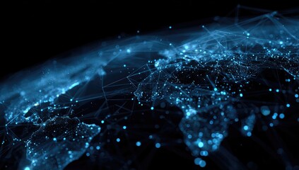 Abstract globe view highlighting network connections with glowing lines and points in shades of blue against black
