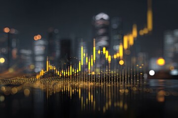 A cityscape at night with golden financial data overlaid and reflecting on a surface
