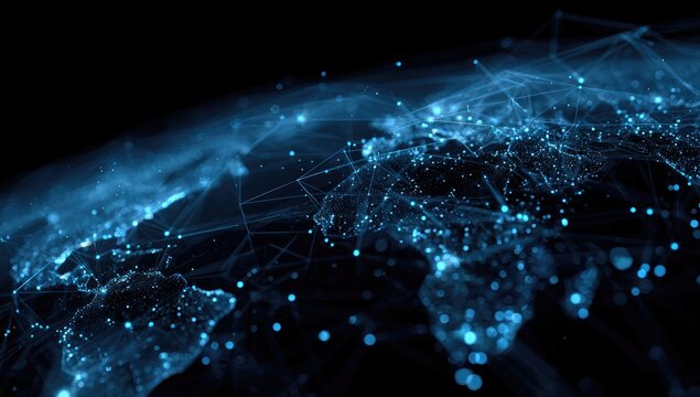 Abstract globe view highlighting network connections with glowing lines and points in shades of blue against black