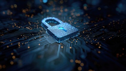 A digital padlock, glowing, rests atop an abstract circuit board. Circuitry sparkles with light