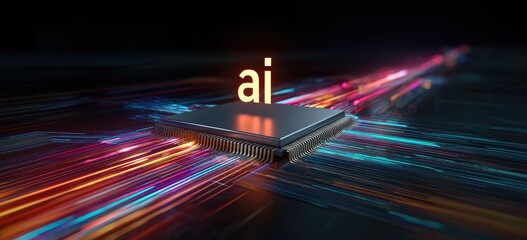 A futuristic visualization of a computer chip with glowing light trails and "ai" text