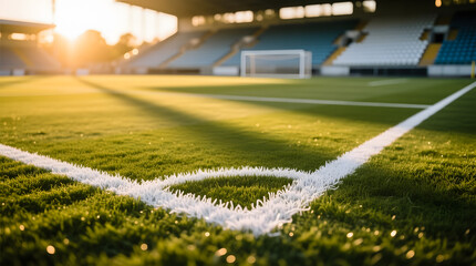 Close-up, low-angle shot of the white chalk line at the corner kick area on a green football pitch at sunset.