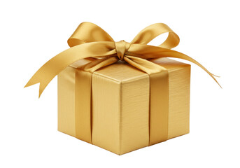 Golden gift box with ribbon and bow isolated PNG, present for Christmas, birthday, or other special occasion on transparent background