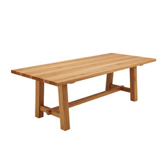 Wooden Table: A sturdy, long wooden table, showcasing the natural grain and texture of the light-colored wood, stands in minimalist elegance.