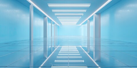 Interior view of a futuristic, minimalist corridor with bright, cool lighting and reflective floors
