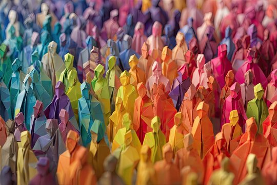 A multitude of paper figures in vibrant, folded origami, creating a diverse, colorful crowd