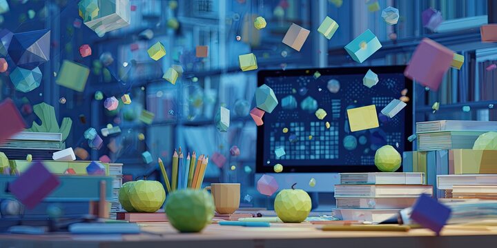 A colorful illustration of a desk with floating geometric shapes, books, fruit, and a computer screen