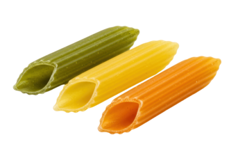 Tricolore penne pasta isolated PNG on transparent background, colorful Italian pasta for food design and healthy eating concepts