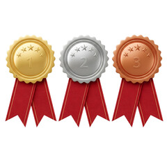 Medals of Honor: A set of gold, silver, and bronze medals, each bearing a number and stars, hangs with red ribbons, symbolizing excellence and achievement in a competition or event.