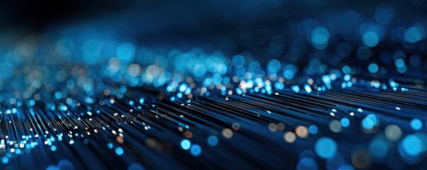 An abstract image, focused on a depth of field, depicting glowing blue fibers with light bokeh