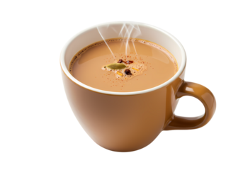 Hot steaming cup of tea with spices and aromatic steam rising