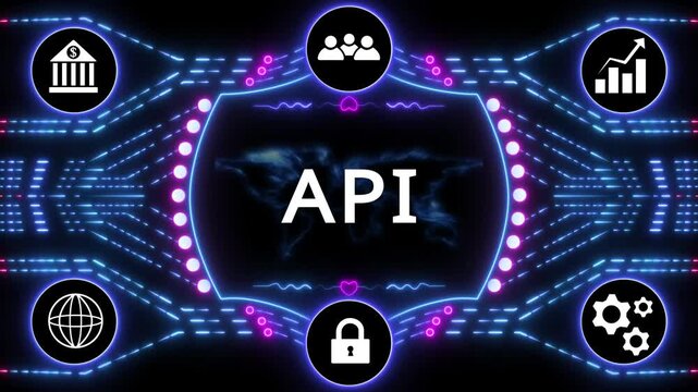 Futuristic neon light background concept of API - Application Programming Interface. Futuristic data-driven technology. Neon cyber background with finance, growth, and network elements.