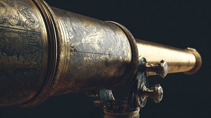 markings. Antique brass telescope pointed at starry sky, engraved markings on vintage scientific instrument. STEM education sheets.