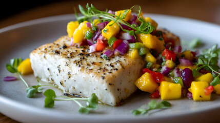 Pan-Seared Mahi Mahi with Colorful Mango Salsa on a White Plate in a Hawaiian Setting