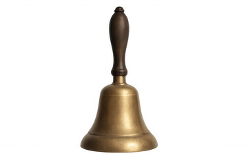 Vintage brass handbell with wooden handle, concept of education, calling attention, or service