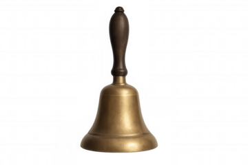 Vintage brass handbell with wooden handle, concept of education, calling attention, or service