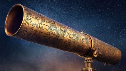 markings. Antique brass telescope pointed at starry sky, engraved markings on vintage scientific instrument. STEM education sheets.