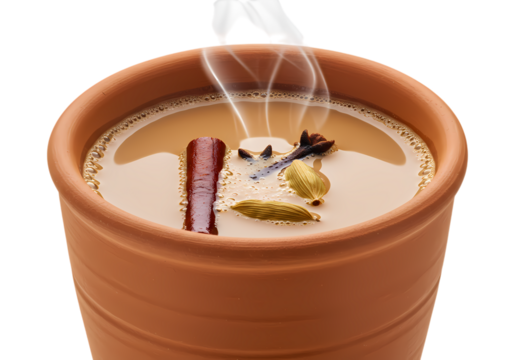 Hot Aromatic Chai Tea in Clay Pot with Cinnamon, Cardamom, and Cloves