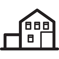 Simple Line Art Icon of a Two Story House with Square Windows and Attached Garage Against a Transparent Background