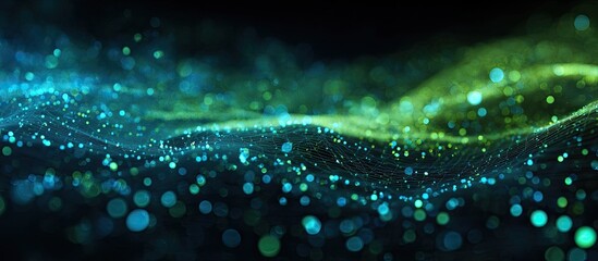 Abstract digital artwork depicting a wave of blue and green bokeh lights against a dark background