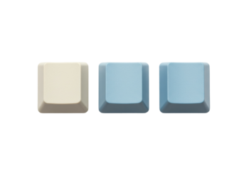 Three blank keycaps PNG isolated on transparent background, beige and blue keyboard buttons for customization and design projects