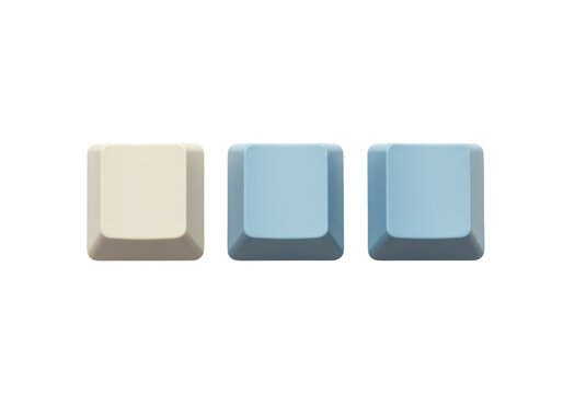 Three blank keycaps PNG isolated on transparent background, beige and blue keyboard buttons for customization and design projects