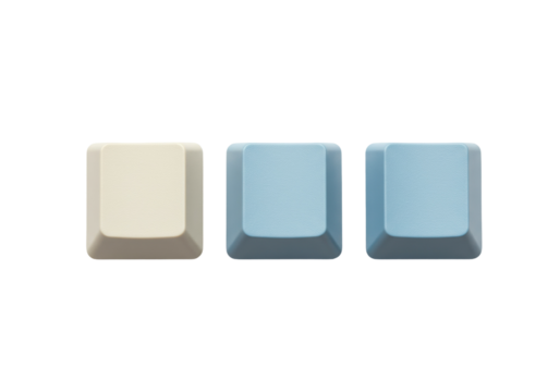 Three blank keycaps PNG isolated on transparent background, beige and blue keyboard buttons for customization and design projects
