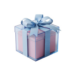 Gift Box Presentation: A transparent gift box with a pink inner box and an elegant blue ribbon, symbolizing surprise, appreciation, and special moments.