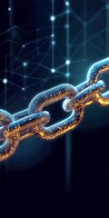 Abstract Metallic Golden Chain Linked Rings Over Dark Grid with Digital Glow and Network Connections