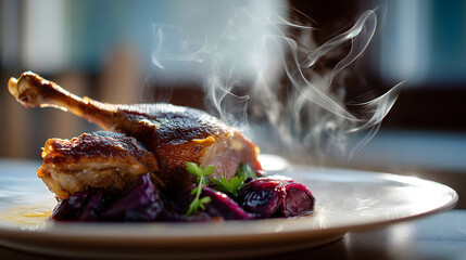 Pan-Seared Duck Leg with Red Cabbage and Apple Garnish