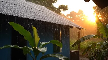 Golden Sunlight Through Tropical Rain Falling from House Roof - Powered by Adobe