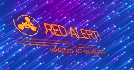 Displaying bold orange RED ALERT and IMMEDIATE ACTION REQUIRED text with triangle icon on neon UI