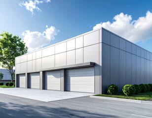 Obraz premium Modern industrial building exterior with three closed garage doors