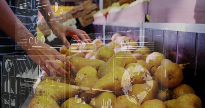 Selecting shopper hands grabbing yellow-green pears from crates in market, digital data overlays