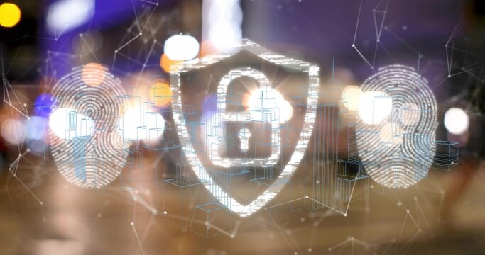 Showing glowing shield over street at night, featuring padlock fingerprints 3D cubes network links