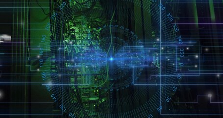 Displaying server rack with green LEDs projecting HUD in data center, featuring radial numerals
