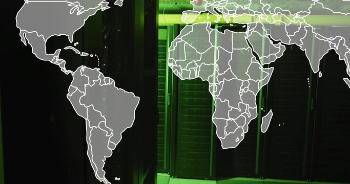 Flashing green LED lights illuminating server rack cabinets in data center, with world map overlay