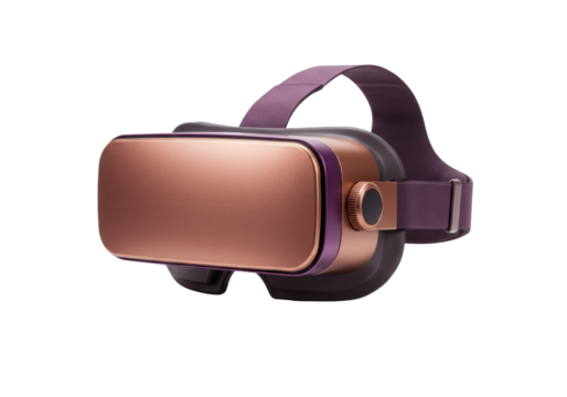 Modern VR headset isolated PNG, virtual reality glasses with purple strap for gaming and immersive experiences on transparent background