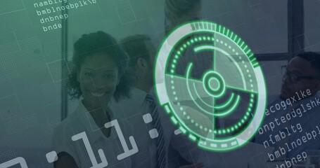 Reviewing business team examining code with green HUD overlay in conference area, with monitors