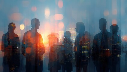 Silhouetted group against a blurred cityscape with an orange glow, conveying teamwork & progress