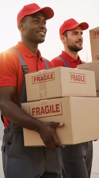 Two confident professional diverse Caucasian and Black movers carrying fragile boxes. Vertical video of a multiethnic delivery team working together. Relocation and logistics service concept
